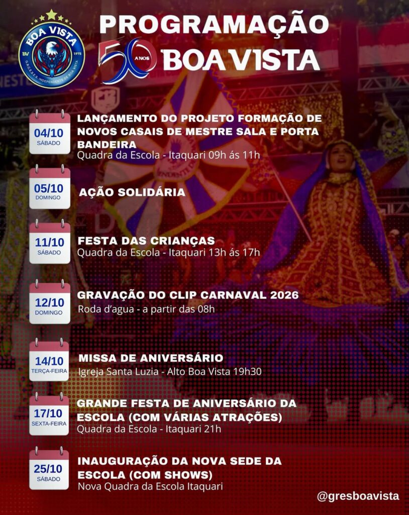 Calendário de eventos da Boa Vista em outubro